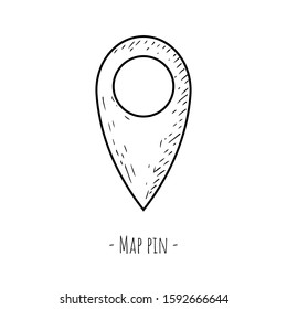 Map pin. Vector cartoon illustration. Isolated object on a white background. Hand-drawn style.