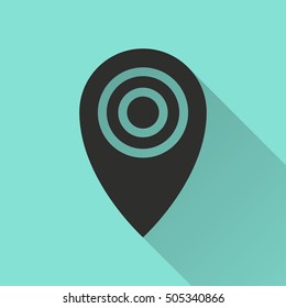 Map pin vector icon with long shadow. black illustration isolated on green background for graphic and web design.