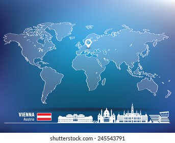 Map pin with Vienna skyline - vector illustration