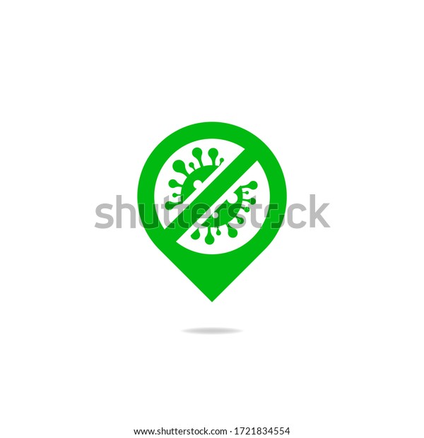 Map pin with\
virus icon. Green zone sign. Location pointer no COVID-19 cases\
found concept. Vector\
illustration