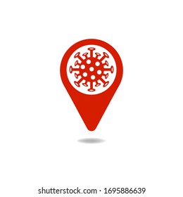 Map pin with virus icon. Red zone sign. Location pointer with confirmed COVID-19 cases concept. Vector illustration