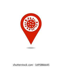 Map pin with virus icon. Red zone sign. Location pointer with confirmed COVID-19 cases concept. Vector illustration