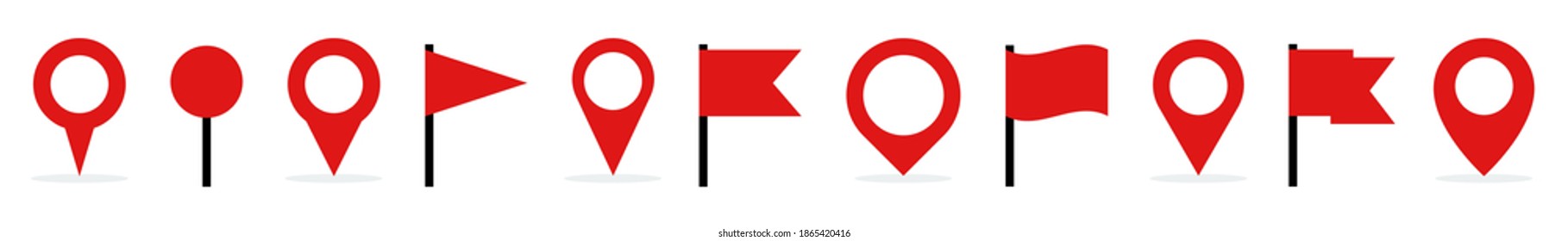 Map Pin and waving flags vector icons. Collection map markers. Set of red circle pointers isolated on white background. Flat vector elements.
