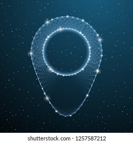 Map pin wireframe symbol. Low poly location gps pictogram. Polygonal position mark on dark blue sky. Travel destination abstract mesh point sign. Vector illustration digital design