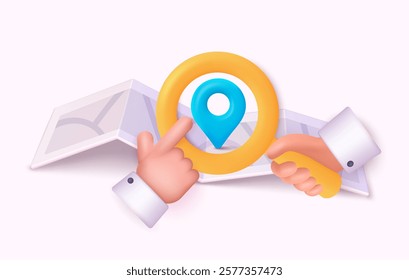 Map with pin.Hand holding magnifying glass. Icons with folded city map and red direction pointer. Element for Map, Social Media, Mobile Apps. 3D Web Vector Illustrations.