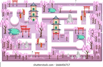 Map Pink Sakura Japanese Theme with Path and Home, Fish Pond and Japanese Style Ornament for 2D Game Platformer Vector Illustration 