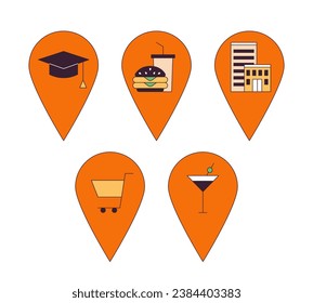 Map pinpoint locations 2D linear cartoon objects set. Education retail entertainment pins destinations isolated line vector elements white background. Markers color flat spot illustration collection