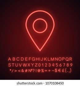 Map pinpoint neon light icon. GPS. Geolocation. Glowing sign with alphabet, numbers and symbols. Vector isolated illustration