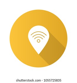 Map pinpoint with wifi signal inside flat design long shadow glyph icon. Place with internet access location. Vector silhouette illustration