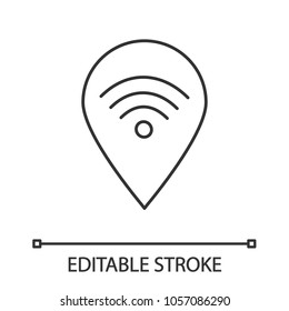 Map pinpoint with wifi signal inside linear icon. Thin line illustration. Place with internet access location. Contour symbol. Vector isolated outline drawing. Editable stroke