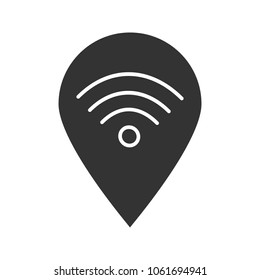 Map pinpoint with wifi signal inside glyph icon. Place with internet access location. Silhouette symbol. Negative space. Vector isolated illustration