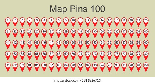 Map pins from 1 to 100. Vector design.	