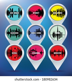 Map pins with Abu Dhabi, Sydney, Singapore, Bangkok, Hong Kong, Dubai, Seoul, Istambul and Moscow - vector illustration