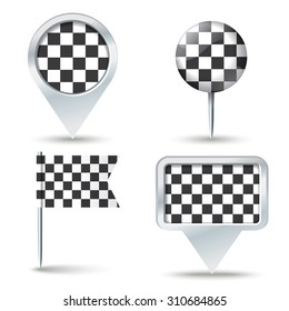 Map pins with Checkered Race flag - vector illustration