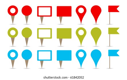 map pins in colors, red, green and blue