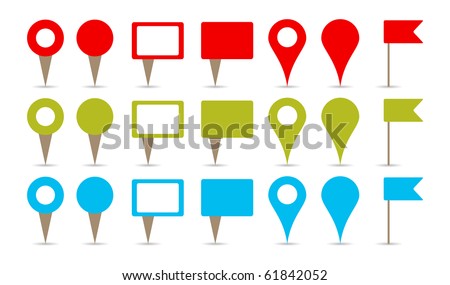 map pins in colors, red, green and blue