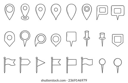 Juego de doodles de pasadores de mapa. Signo de navegación, punteros de ubicación, indicadores, etiquetas y marcadores en estilo de esbozo. Ilustración vectorial dibujada a mano aislada en fondo blanco