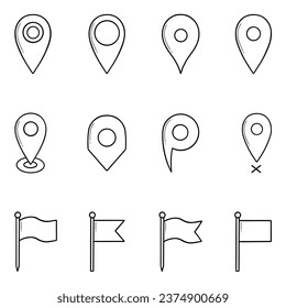 Map pins doodle set. Navigation sign, location pointers, flags, tags and markers in sketch style. Hand drawn vector illustration isolated on white background