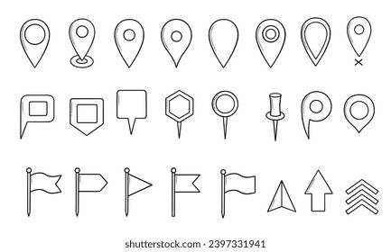 Map pins doodle set. Navigation sign, location pointers, flags, tags and markers in sketch style. Hand drawn vector illustration isolated on white background