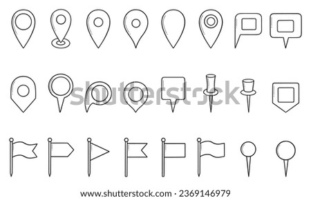 Map pins doodle set. Navigation sign, location pointers, flags, tags and markers in sketch style. Hand drawn vector illustration isolated on white background