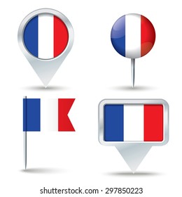 Mapa de pines con bandera de Francia - ilustración vectorial