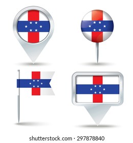 Map pins with flag of Netherlands Antilles - vector illustration