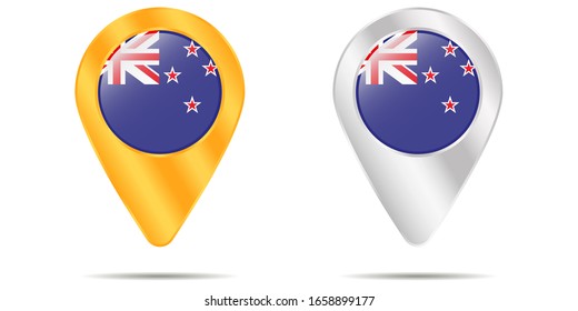 Map of pins with flag of New Zealand. On a white background. Vector illustration