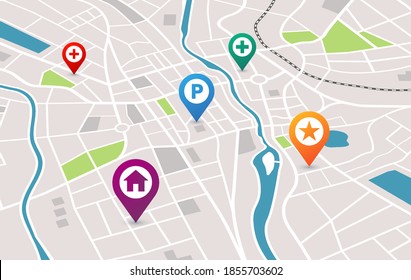 Map with pins GPS navigation and location, vector background with city streets and roads. Car navigation map with location pins of home, parking and star icon, transport travel and navigation