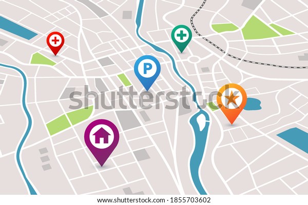 Map with pins GPS navigation and location,\
vector background with city streets and roads. Car navigation map\
with location pins of home, parking and star icon, transport travel\
and navigation
