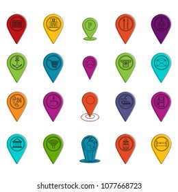 Map pins icon set. Color outline set of map pins vector icons for web design isolated on white background