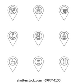Map pins icon set. Outline set of 9 map pins vector icons for web isolated on white background
