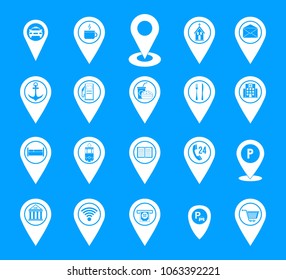 Map pins icon set. Simple set of map pins vector icons for web design isolated on blue background