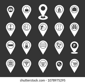 Map pins icon set vector white isolated on grey background 