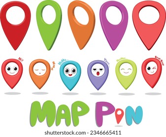 Map pins isolated on a white background. Cute and colorful map pin mascots with different expressions. Location markers. Geolocation. GPS coordinates. Map markers. Pin icons. Map annotations.