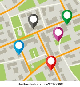 Map with pins, markers. Simple flat illustration of city plan with streets.