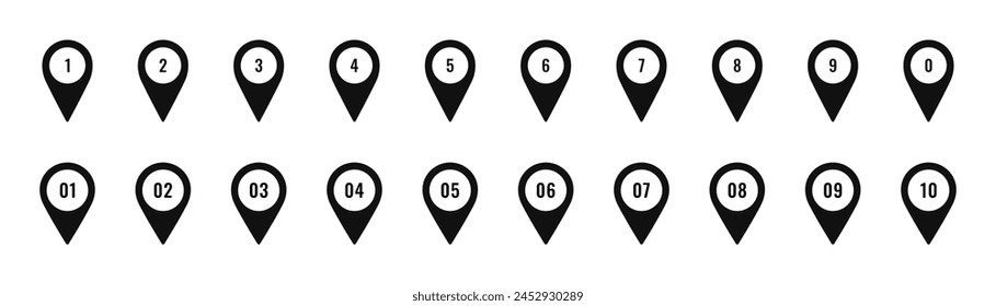 Mapee pines con Ilustración vectorial numérica. Iconos de punteros simples aislados. los símbolos de ubicación numerados del 1 2 3 al 10 para Diseños web, infografías, tarjetas geográficas y de transporte y tecnología