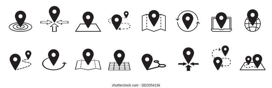 Map pins related icon set. Vector symbols on a white background. Simple pictograms