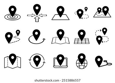 Conjunto de iconos relacionados con los pines de mapa. Símbolos de Vector aislados sobre un fondo blanco. Pictogramas simples