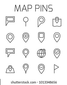 Map pins related vector icon set. Well-crafted sign in thin line style with editable stroke. Vector symbols isolated on a white background. Simple pictograms.