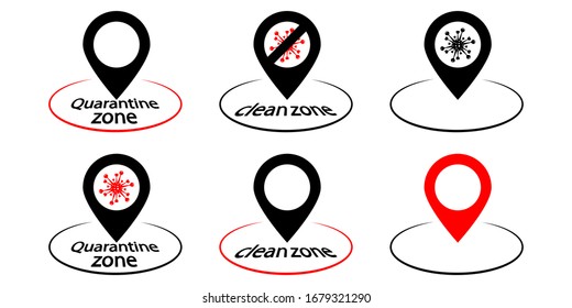 Map pins with round zone for virus area or area without coronavirus. Map pin with cell of coronavirus. Symbol of virus clean zone and quarantine area. Vector illustration in flat style