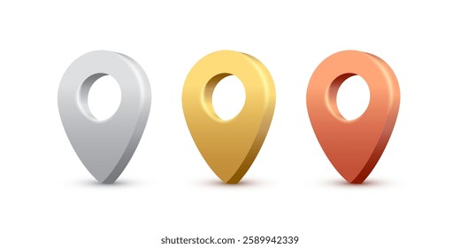 Map pins set. 3D golden, silver and bronze pointers isolated on white background. Location symbols in various angles and colors. Realistic vector illustration.