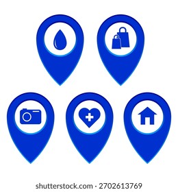Pinos do mapa definidos. Ponteiros de localização. Símbolos de navegação vetorial. Coração de casa com câmera azul