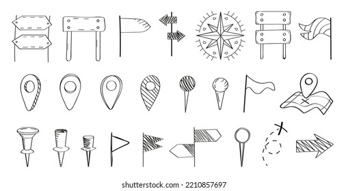 Juego de vectores de signos de pines de mapa. Icono de ubicación dibujada a mano en estilo doodle. Conjunto de vectores de indicador de esbozo. Puntero negro marcador. Puntero negro marcador. Señales de carreteras. Negocio de tinta, etiqueta gps.