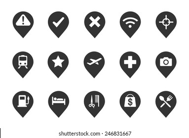 Map Pins vector illustration icon set. Included the icons as restaurant, shop, airport, wifi, salon, hotel and more.