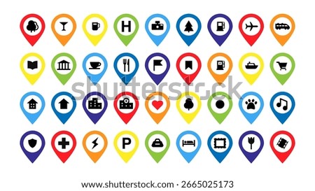 map pins vector landscape icons poi point of interest fun entertainment location find airport parking flag