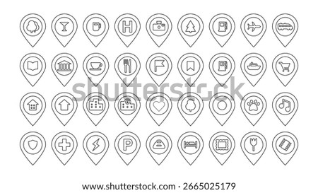 map pins vector landscape icons poi point of interest fun entertainment location find airport parking flag
