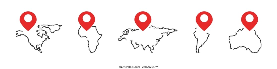 Map with pin.World map with geotag. World continent. Earth continents. Vector illustration.