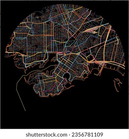 Map of Piraeus, Attica with all major and minor roads, railways and waterways. Colorful line art on black background.