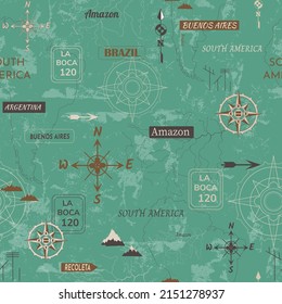 Map pirate seamless pattern with continents compass and navigation. Monochrome green endless print for paper and wallpaper