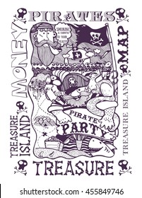 map of pirates, hand-drawn, image, funny children's characters, pirate, cat, mouse, shark, parrot, treasures, solid pattern, silhouette, stylized